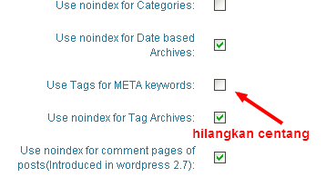 menghilangkan centang tags for meta keywords