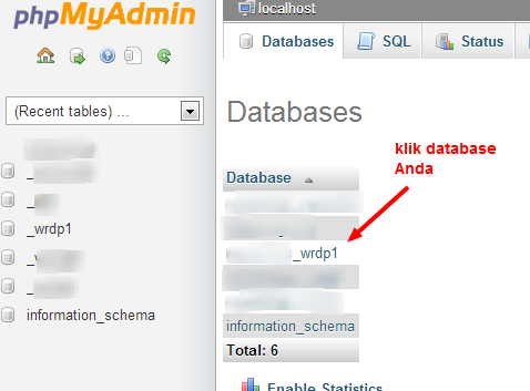 mencari nama database di phpmyadmin