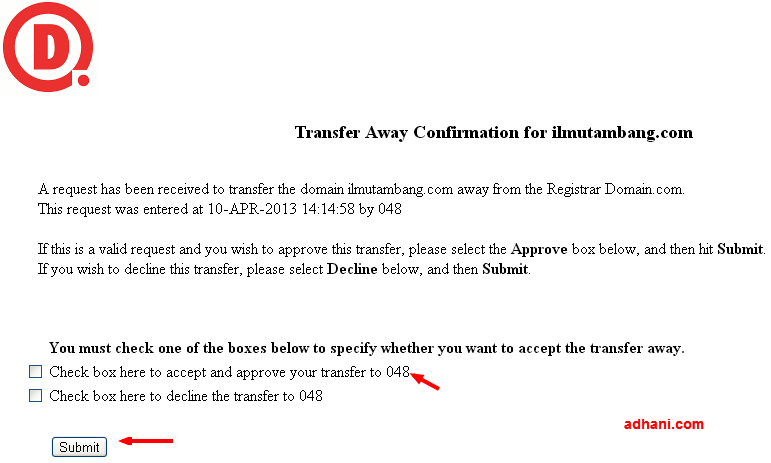 Proses konfirmasi transfer domain (Transfer away confirmation)