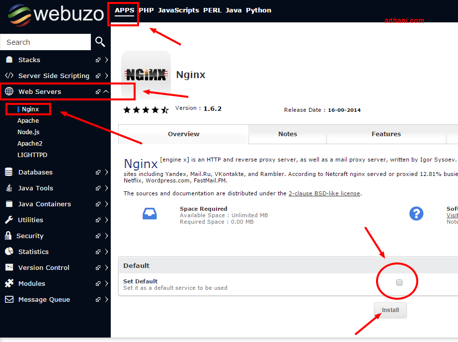 Cara Install nginx di Webuzo